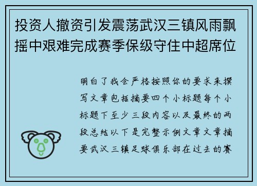 投资人撤资引发震荡武汉三镇风雨飘摇中艰难完成赛季保级守住中超席位