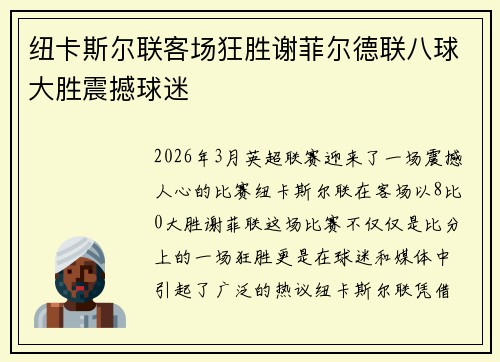 纽卡斯尔联客场狂胜谢菲尔德联八球大胜震撼球迷